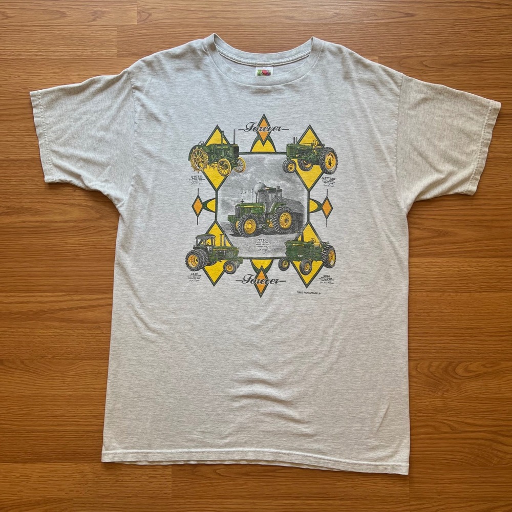 Vintage Tired Iron Apparel John Deere Tractor Forever Graphic T-Shirt Gray XL